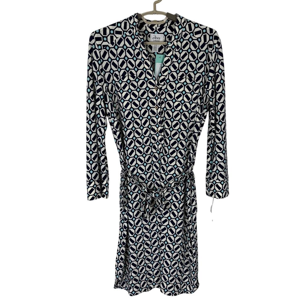 DM Collection Jamison Jersey Shirt Dress NEW 8 Navy Print career coastal preppy